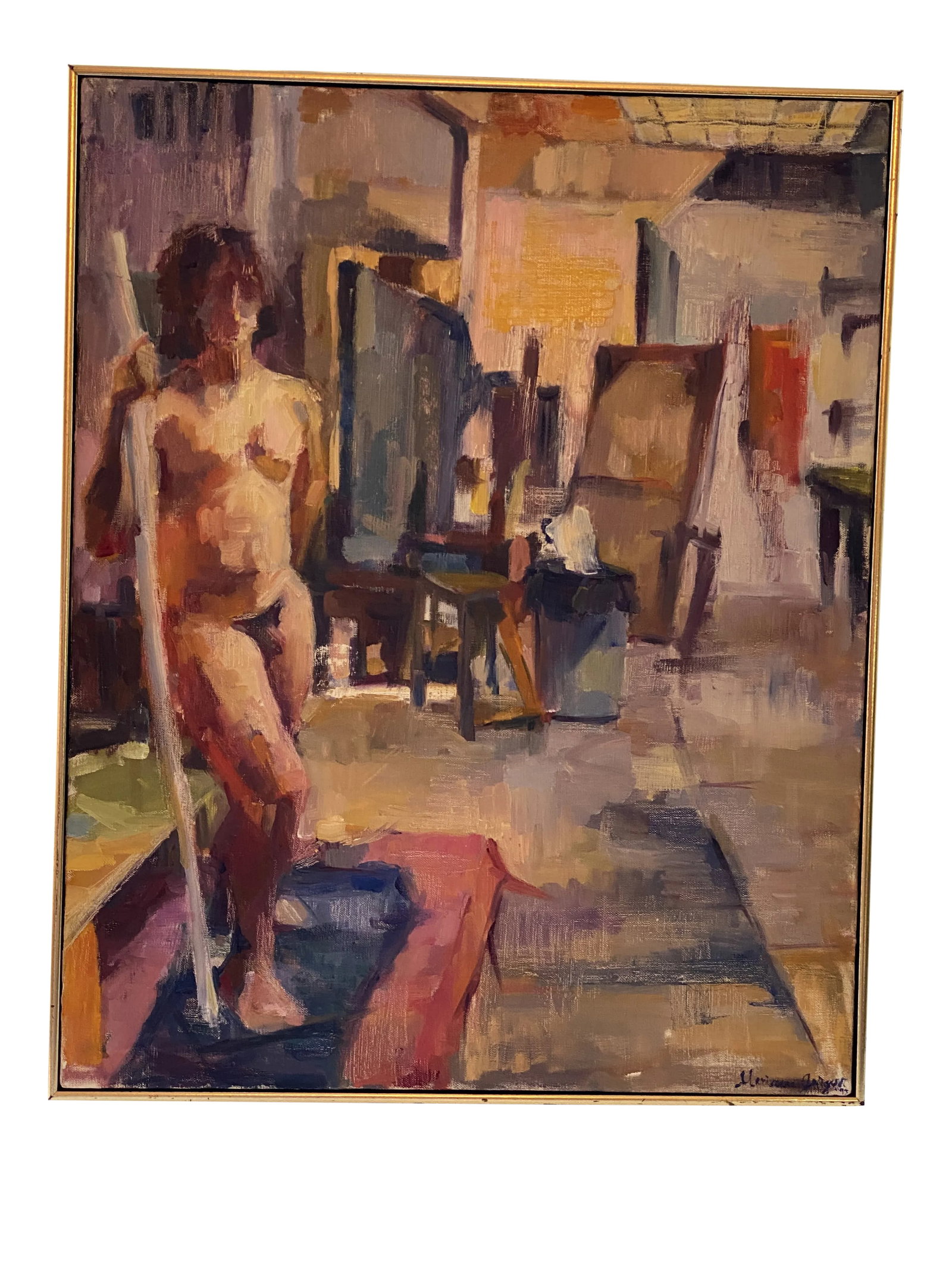 1993 "New York Studio" Expressionist Figurative Interior Scene Oil Painting by Marianne Gargour, Fra: Beautiful 1993 Marianne Gargour Framed Abstract Oil on Canvas. The Artist Titled this painting "New York Studio". It shows an intimate setting with a featured male nude. The Artist signed the piece