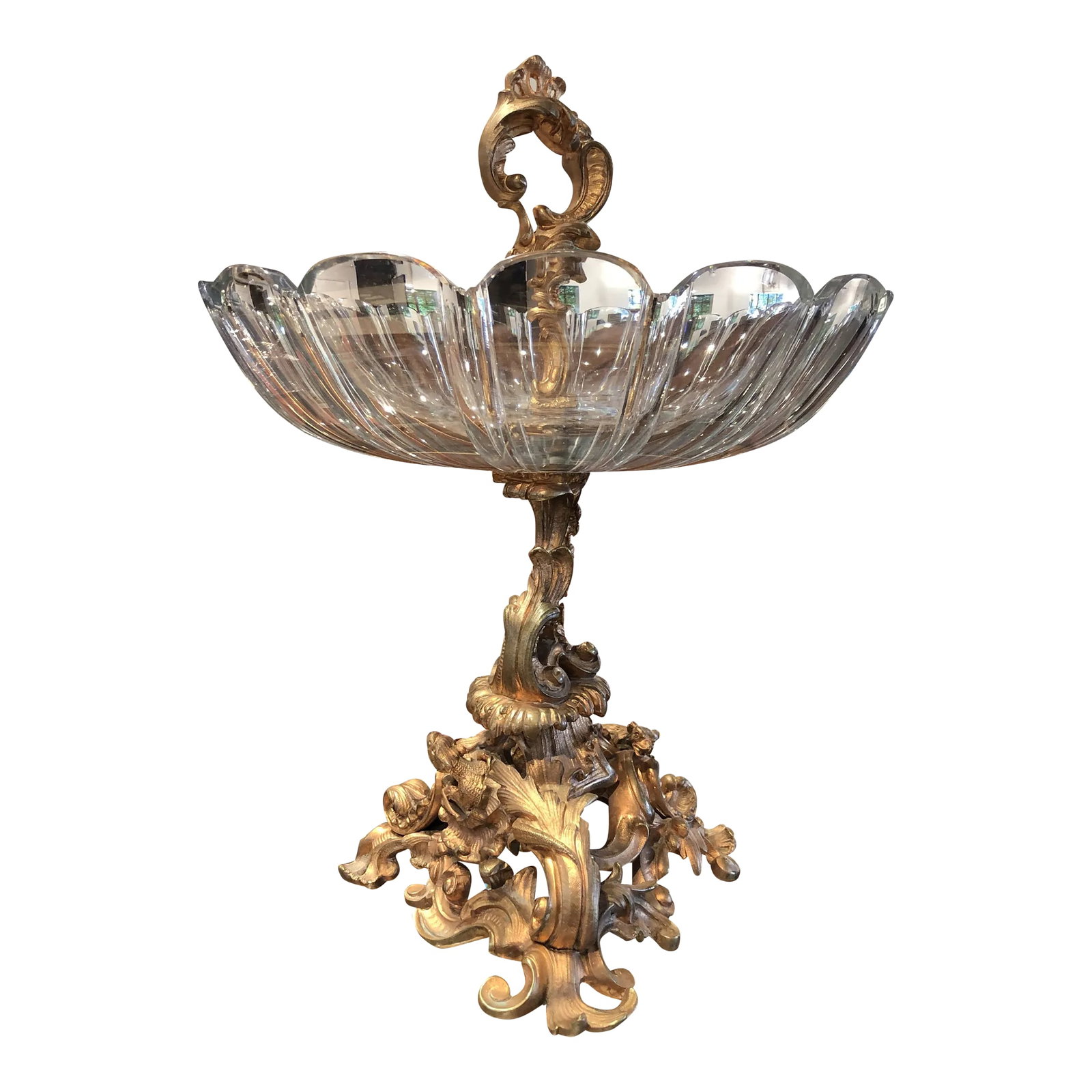 19th Century Gilt Bronze & Crystal Fox Hunting Scene Centerpiece or Epergne: An absolutely incredible gilt bronze centerpiece of fine quality with a fox running throughout the base of "vines". Stunning in person - no signature observed. Comes into 3 pieces (base, crystal