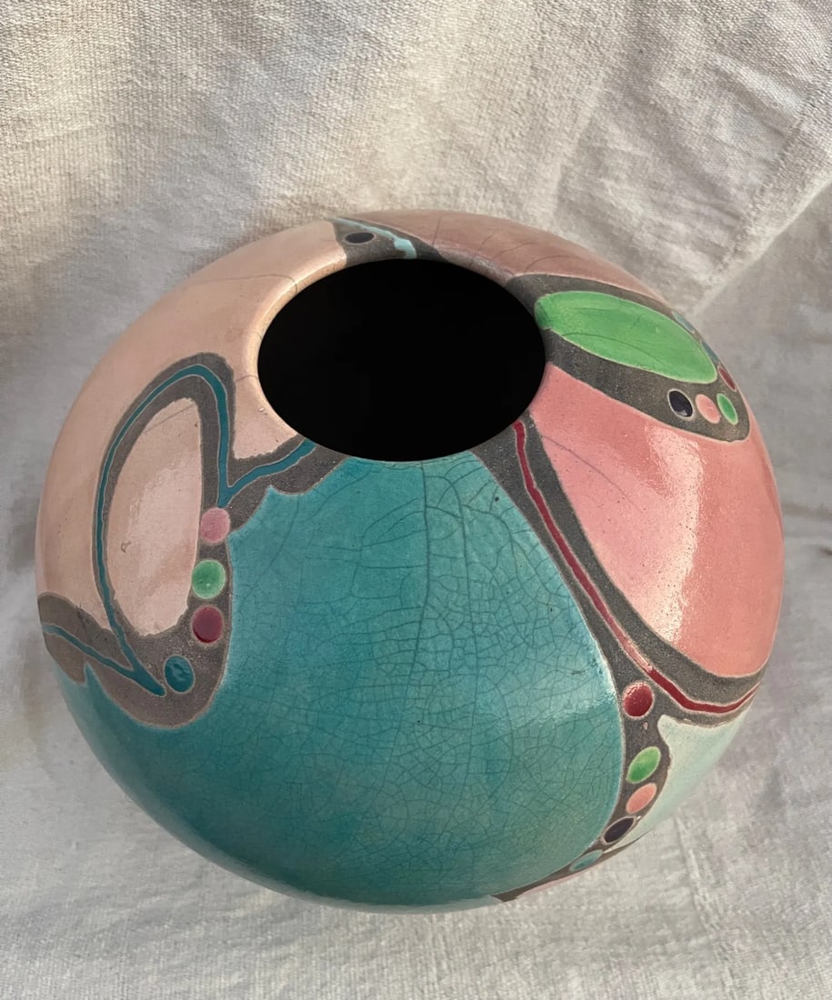 Artist Amadio Smith #29 Laguna Raku Art Pottery Crackle Glaze Multi-Color Vase - 2