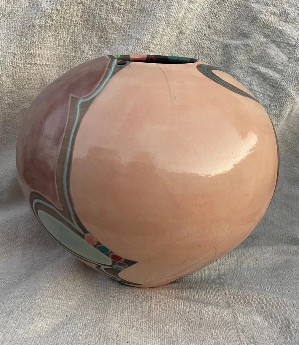 Artist Amadio Smith #29 Laguna Raku Art Pottery Crackle Glaze Multi-Color Vase - 3