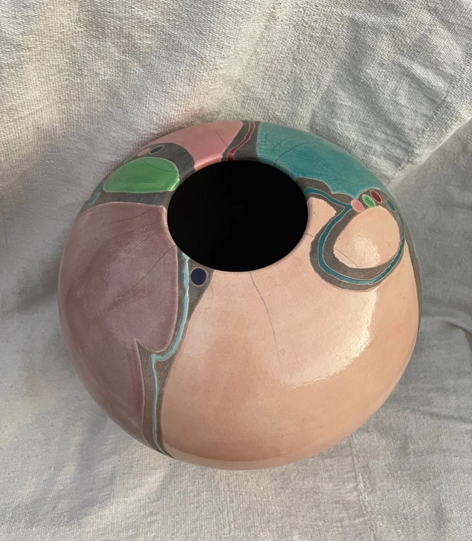 Artist Amadio Smith #29 Laguna Raku Art Pottery Crackle Glaze Multi-Color Vase - 4