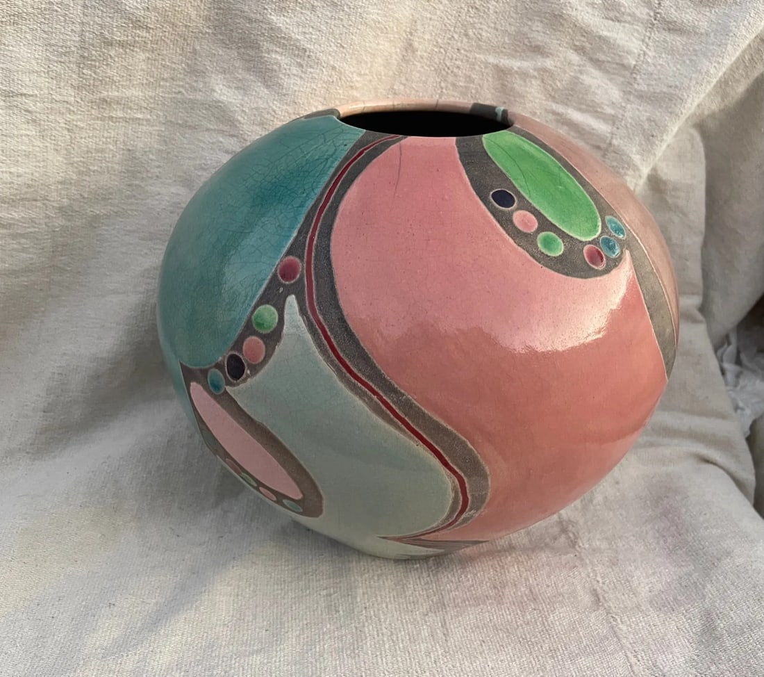 Artist Amadio Smith #29 Laguna Raku Art Pottery Crackle Glaze Multi-Color Vase - 5