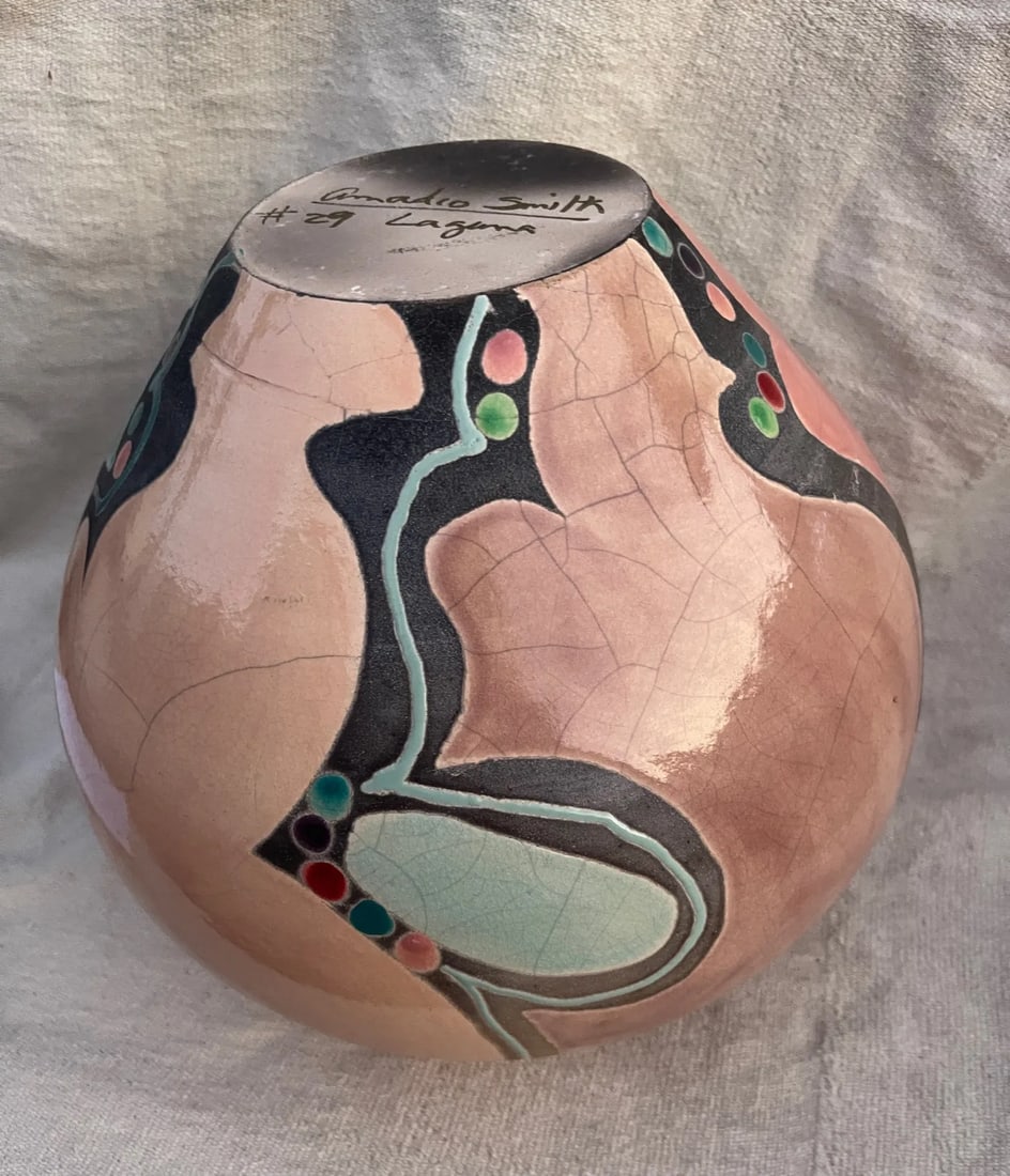 Artist Amadio Smith #29 Laguna Raku Art Pottery Crackle Glaze Multi-Color Vase - 6