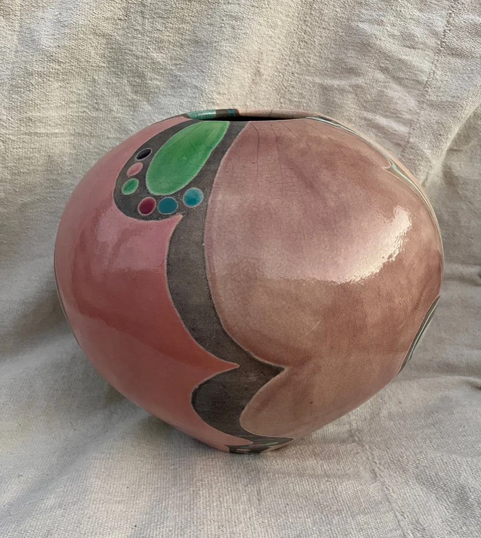 Artist Amadio Smith #29 Laguna Raku Art Pottery Crackle Glaze Multi-Color Vase - 7
