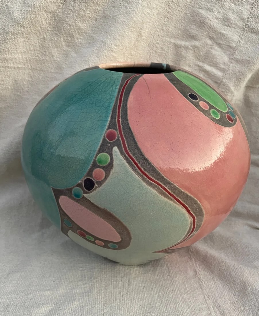 Artist Amadio Smith #29 Laguna Raku Art Pottery Crackle Glaze Multi-Color Vase - 9