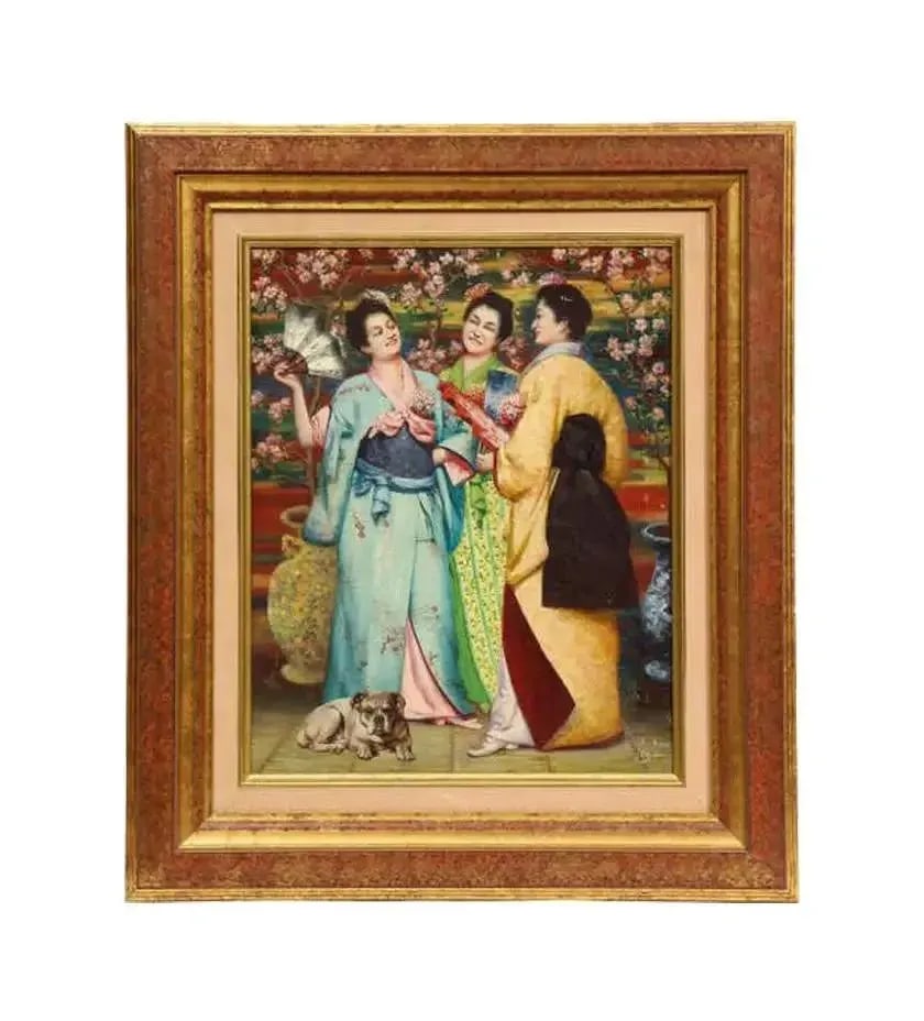 Late 19th Century French Japonisme Oil Painting on Canvas of Three Geishas Signed JA, Framed - 11