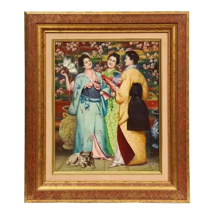 Late 19th Century French Japonisme Oil Painting on Canvas of Three Geishas Signed JA, Framed: (French School), A Fine Quality French Japonisme Oil on Canvas Painting of "Three Geishas". Initialed JA, 1894. Very vibrant and high quality painting of three Japanese woman set against a garden of c