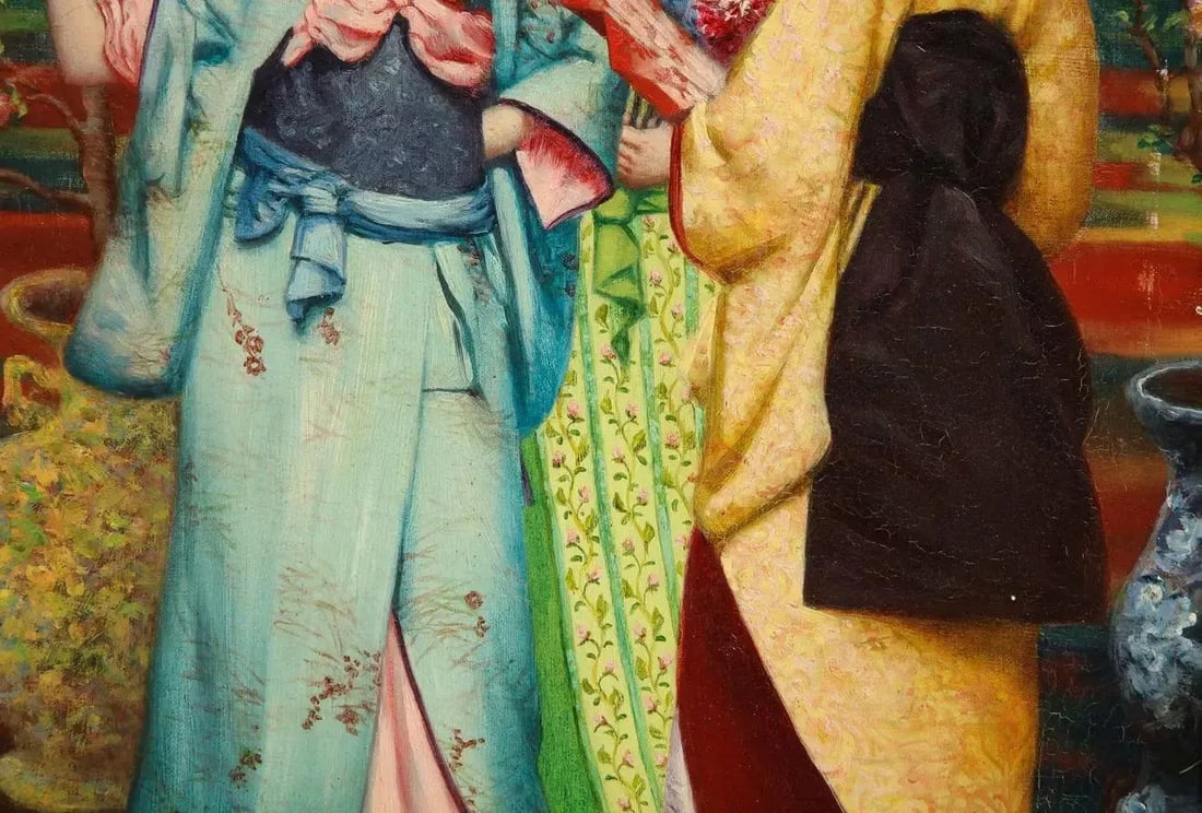 Late 19th Century French Japonisme Oil Painting on Canvas of Three Geishas Signed JA, Framed - 4
