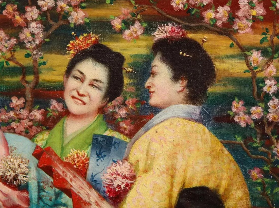Late 19th Century French Japonisme Oil Painting on Canvas of Three Geishas Signed JA, Framed - 5