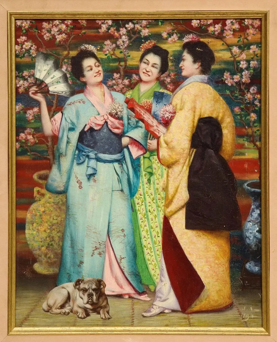 Late 19th Century French Japonisme Oil Painting on Canvas of Three Geishas Signed JA, Framed - 6