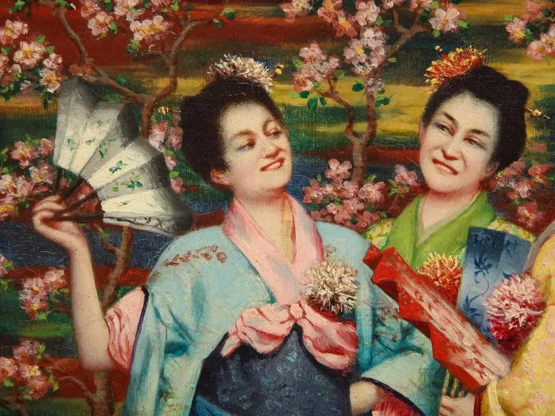 Late 19th Century French Japonisme Oil Painting on Canvas of Three Geishas Signed JA, Framed - 8