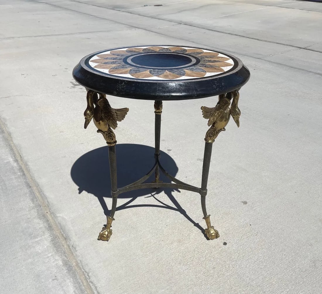 1970s Vintage Maitland Smith Brass & Marble Inlay Swan & Claw Foot Side Table - 8