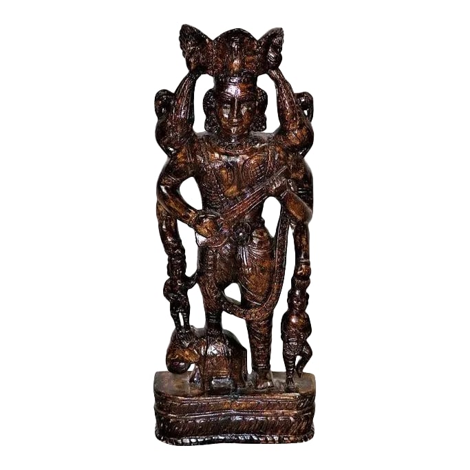 Eclectic Wooden Carved Tall Traditional Musician Statue | Solid Wood Woman Sculpture | Distressed Pa: Dimensions: 14"wide X 6" Deep X 38"high Features - A rare piece and only one of its kind exists - Piece shown in the photos is the one which will be shipped - 100% Solid wood - Handmade by skilled art