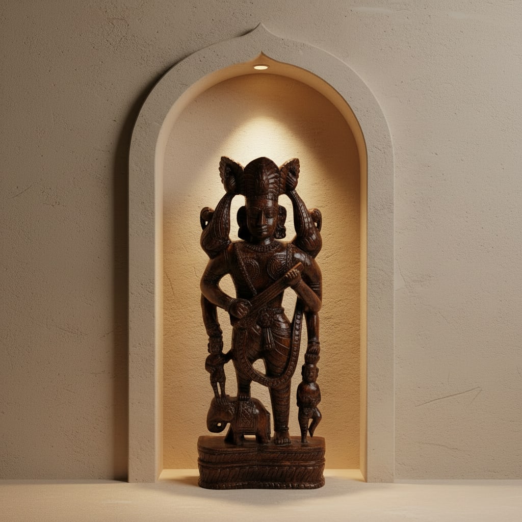 Eclectic Wooden Carved Tall Traditional Musician Statue | Solid Wood Woman Sculpture | Distressed Pa - 2
