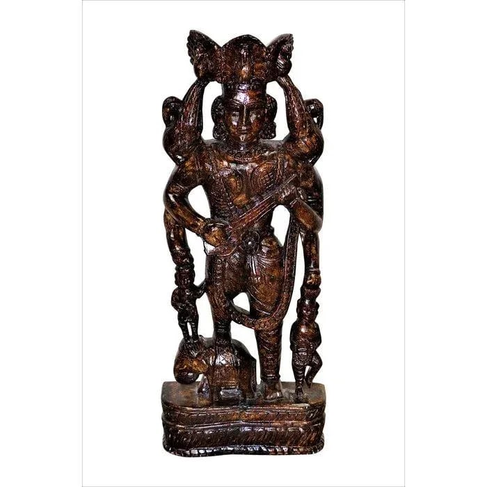 Eclectic Wooden Carved Tall Traditional Musician Statue | Solid Wood Woman Sculpture | Distressed Pa - 5