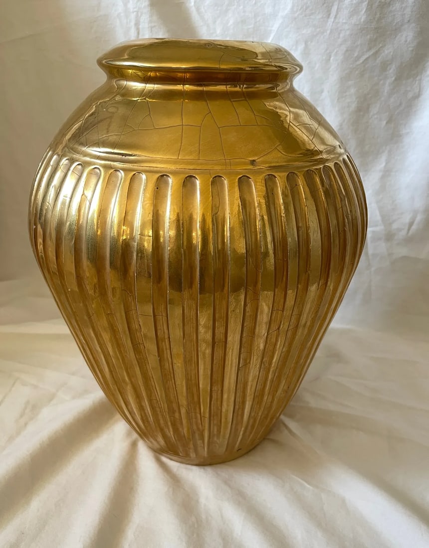 Vintage Steve Chase Gilded Liquid Gold Ribbed Urn/Vase - 2