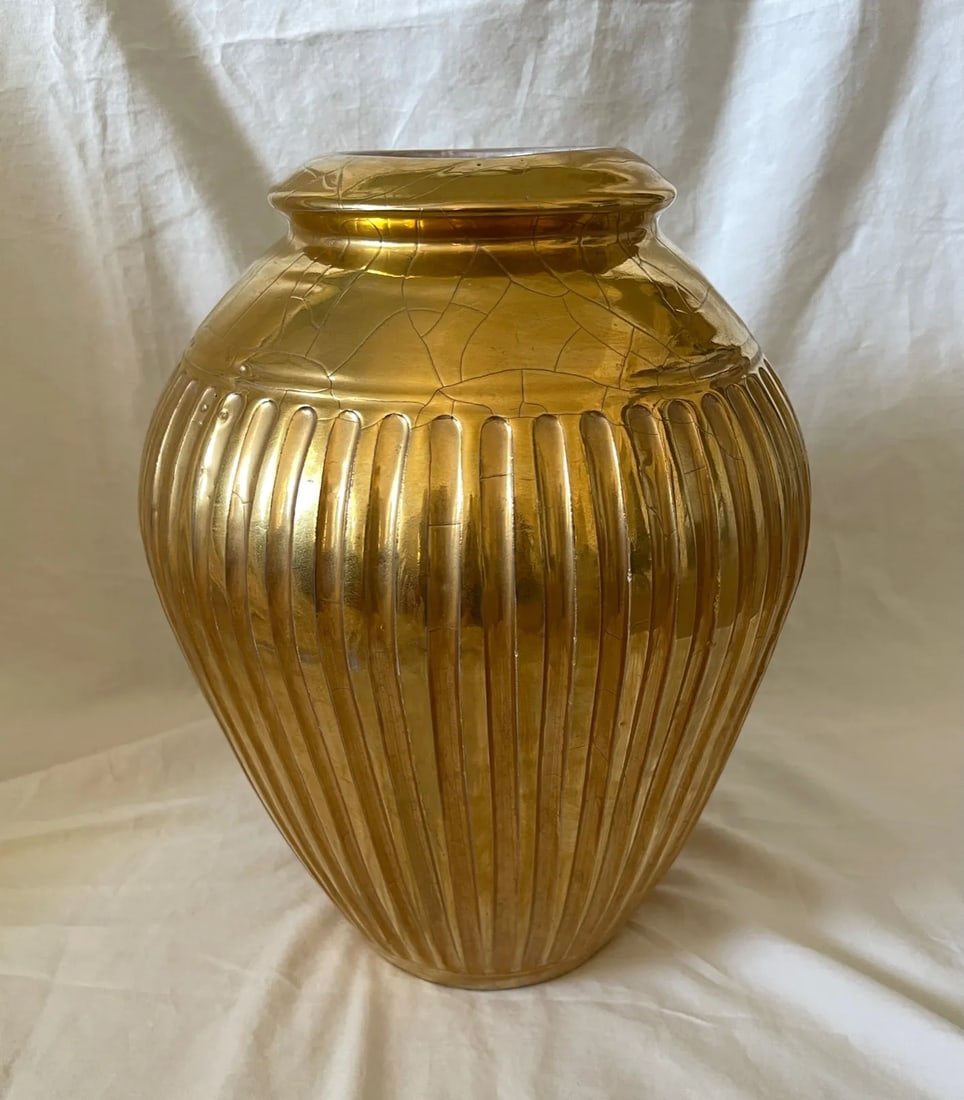 Vintage Steve Chase Gilded Liquid Gold Ribbed Urn/Vase - 7