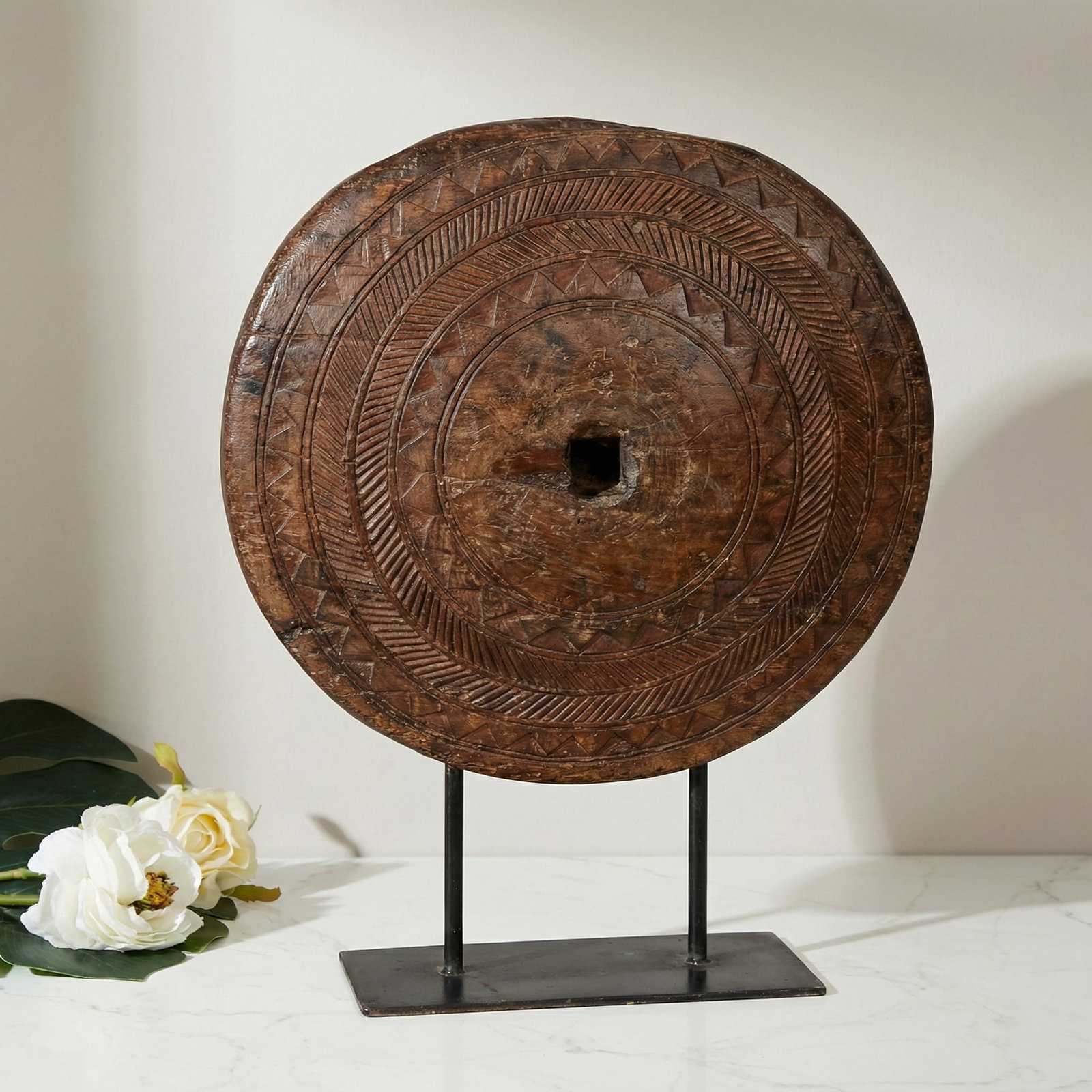 Antique Wagon Wheel on Metal Stand | Farmhouse Country Log Cabin Décor | Primitive Display - 5