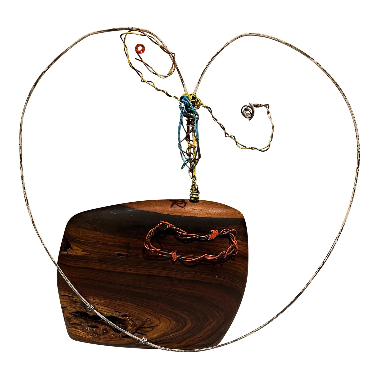 2010s Modernist Metal Art Wire Sculpture Abstract Face on Exotic Wood Base: AMBIANIC presents Modernist Wire sculpture, painted, abstract face. In the style of Raymor and Marcello Fantoni 15.75 tall x 15.5 w x 2.25 d Mounted on Exotic Wood base. Preowned unrestored original