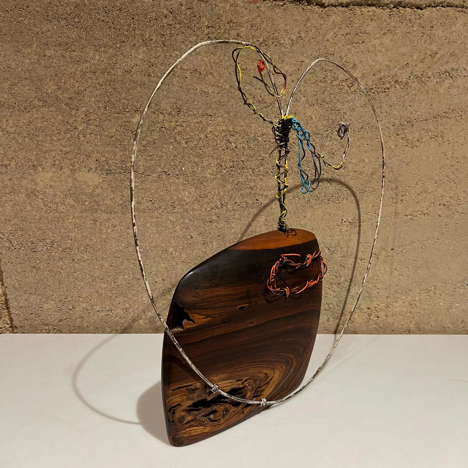 2010s Modernist Metal Art Wire Sculpture Abstract Face on Exotic Wood Base - 2