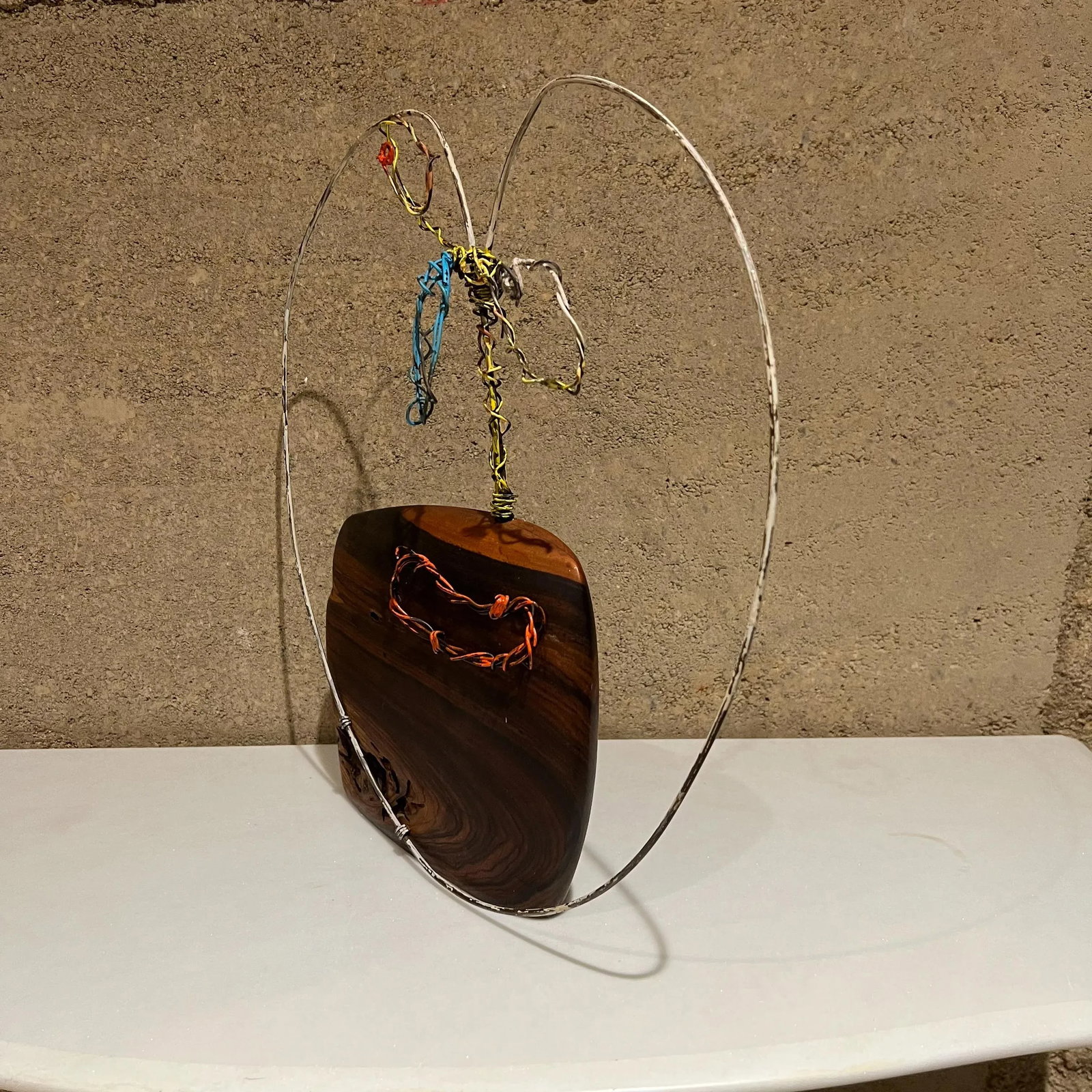 2010s Modernist Metal Art Wire Sculpture Abstract Face on Exotic Wood Base - 3