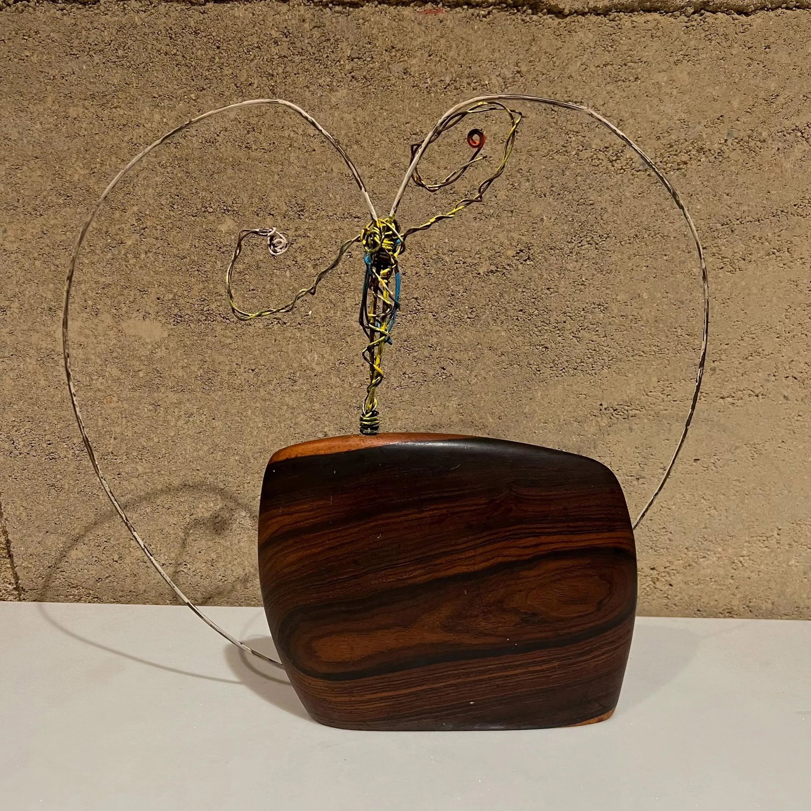 2010s Modernist Metal Art Wire Sculpture Abstract Face on Exotic Wood Base - 7