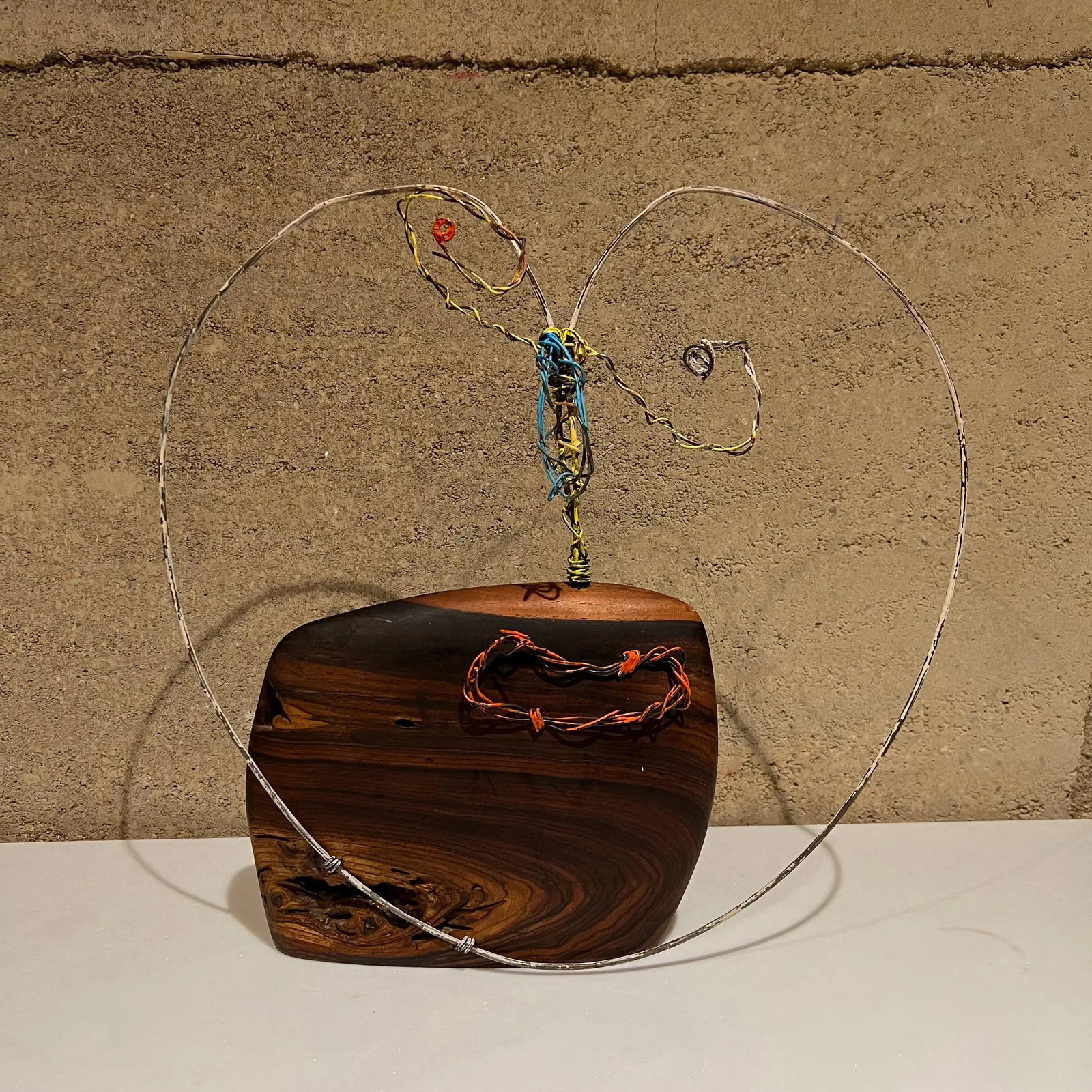 2010s Modernist Metal Art Wire Sculpture Abstract Face on Exotic Wood Base - 8