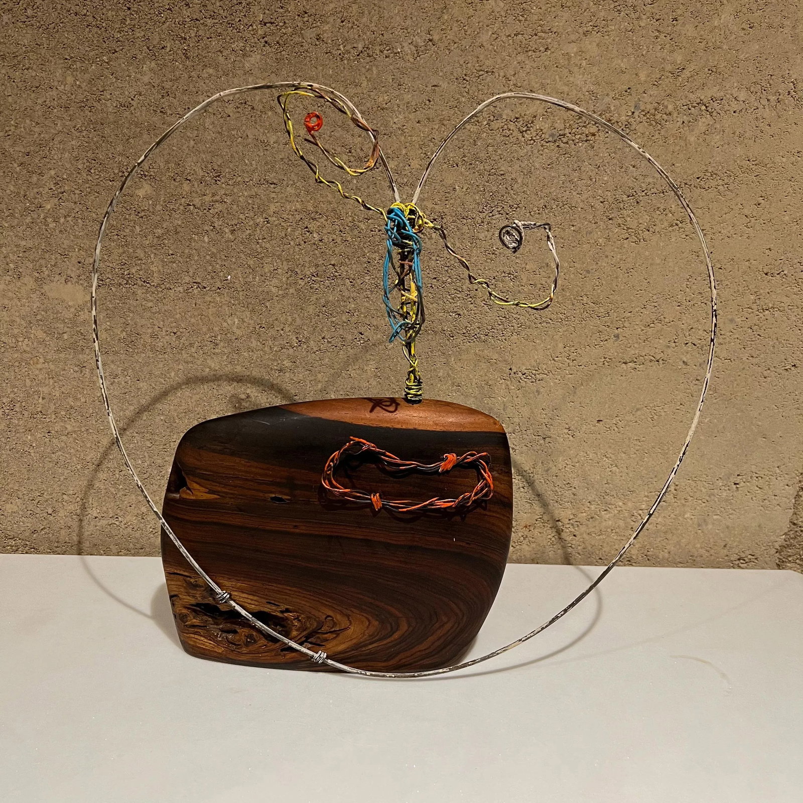 2010s Modernist Metal Art Wire Sculpture Abstract Face on Exotic Wood Base - 9