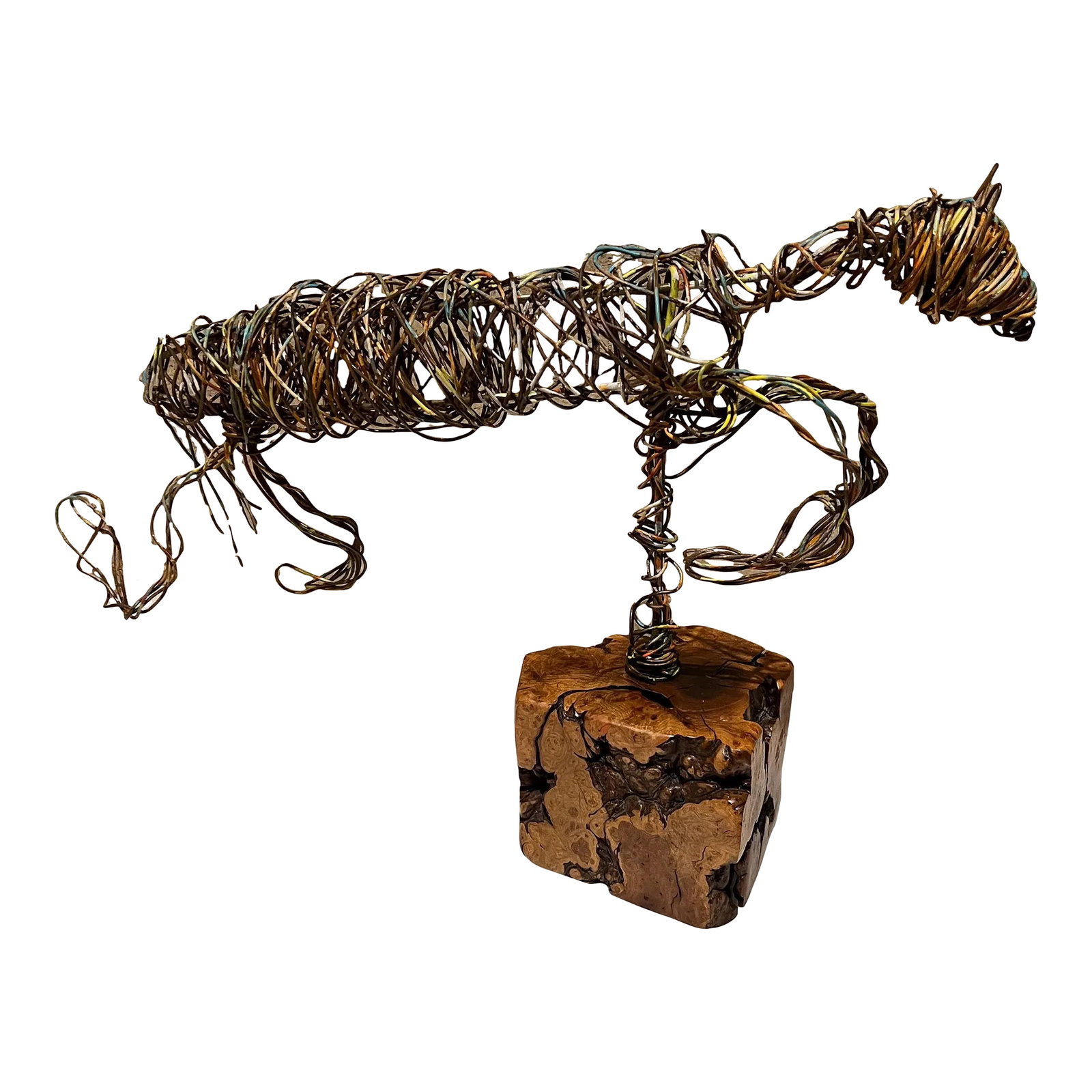 Modernist Abstract Metal Art Colored Wire Horse Sculpture on Exotic Wood Base: AMBIANIC presents Modernist Art Wire Horse Sculpture, painted, mounted on an Exotic Wood base. In the style of Marcello Fantoni for Raymor 12.25 tall x 5 w x 18.5 long Preowned original condition