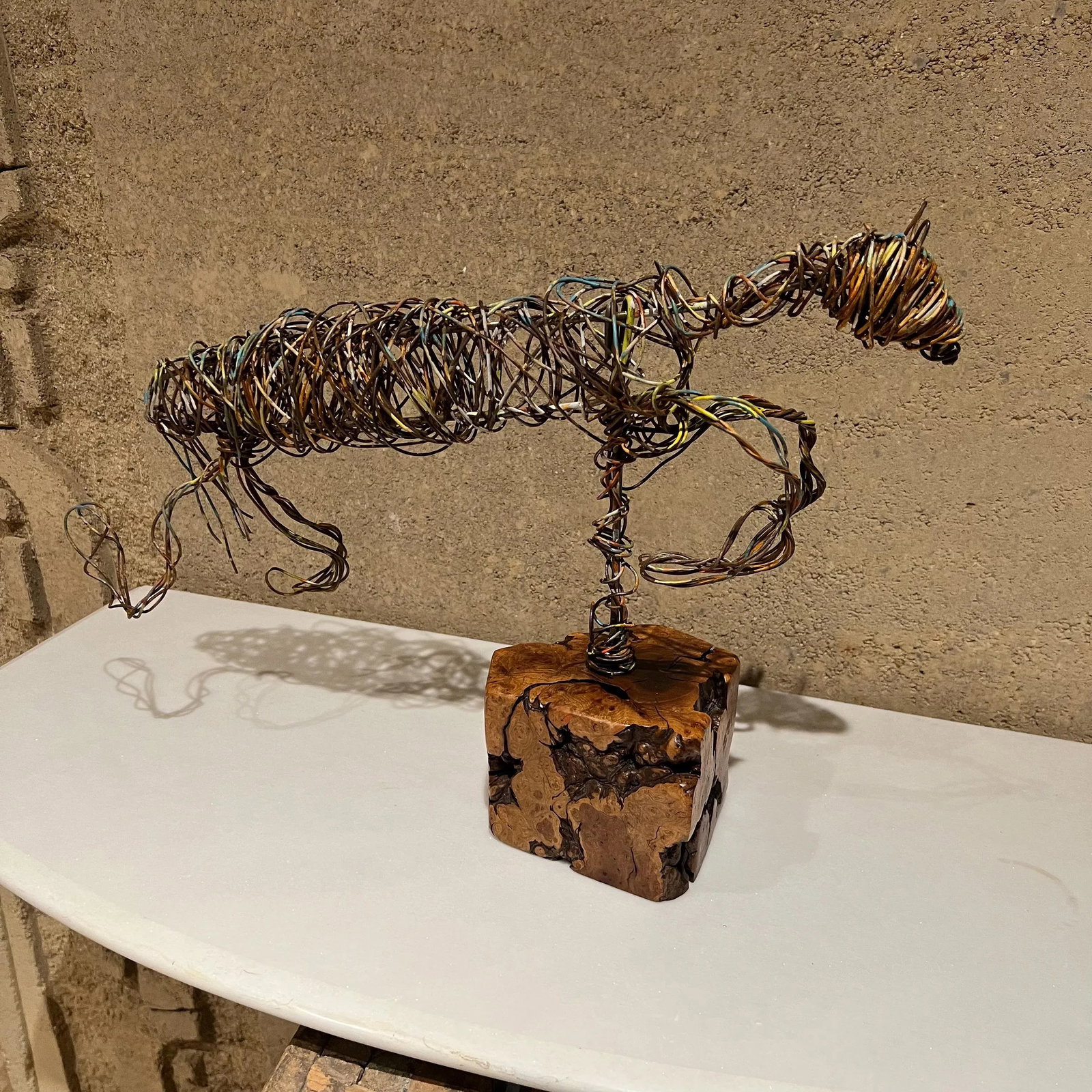 Modernist Abstract Metal Art Colored Wire Horse Sculpture on Exotic Wood Base - 4