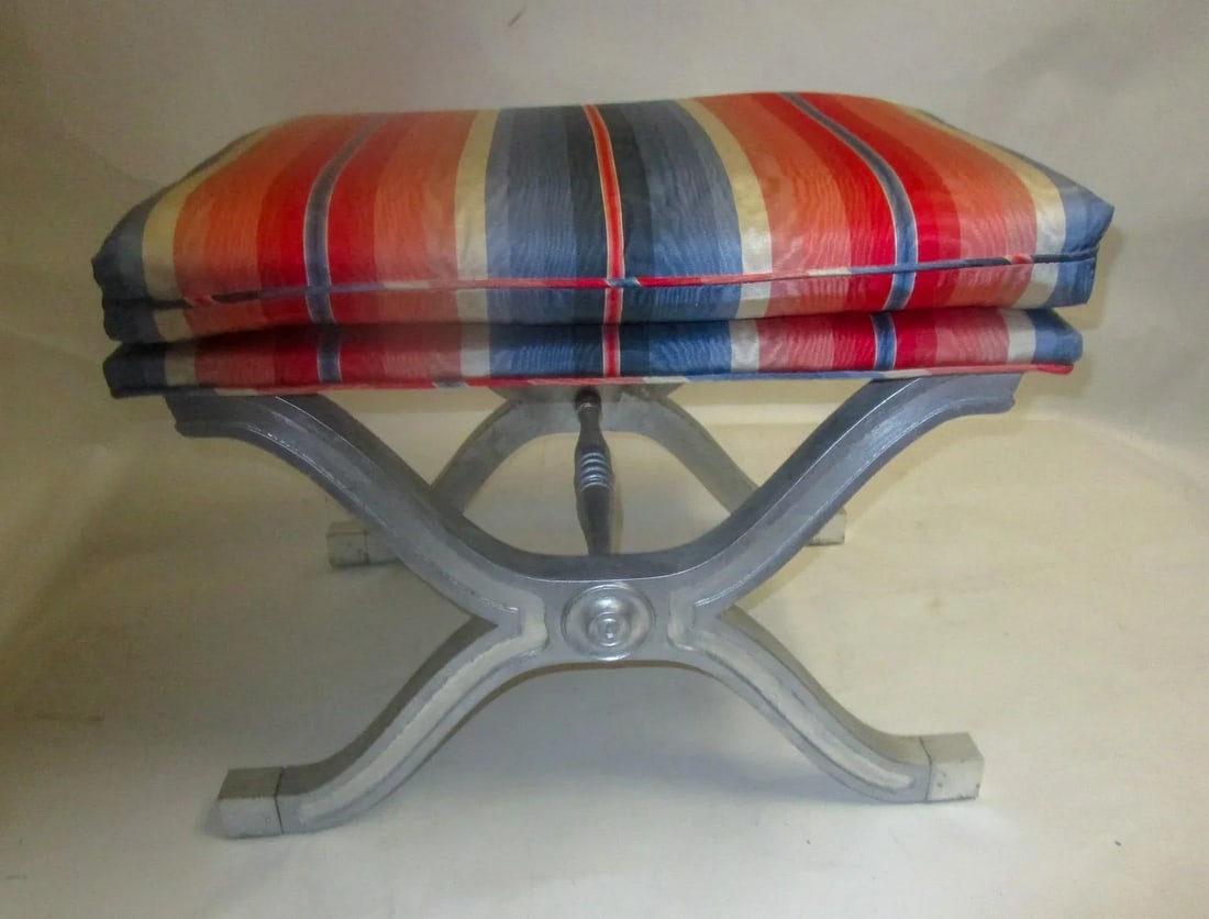 Dorothy Draper Henredon Hollywood Regency Silver Gilt Wood Curule Bench - A Pair - 11