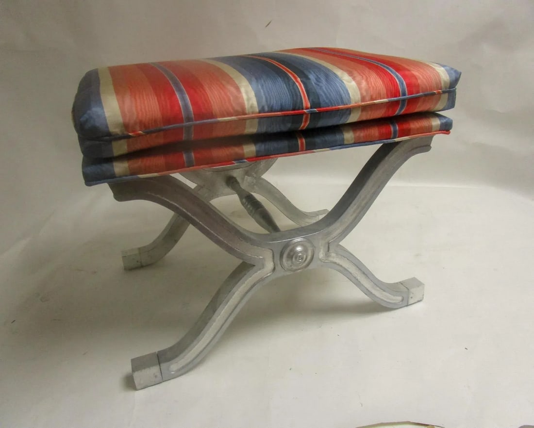 Dorothy Draper Henredon Hollywood Regency Silver Gilt Wood Curule Bench - A Pair - 2