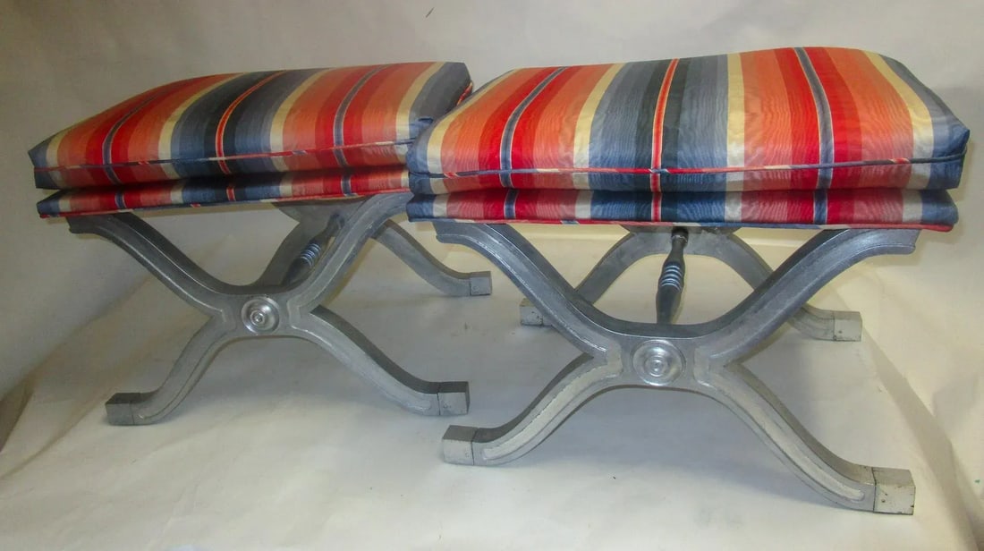 Dorothy Draper Henredon Hollywood Regency Silver Gilt Wood Curule Bench - A Pair - 3