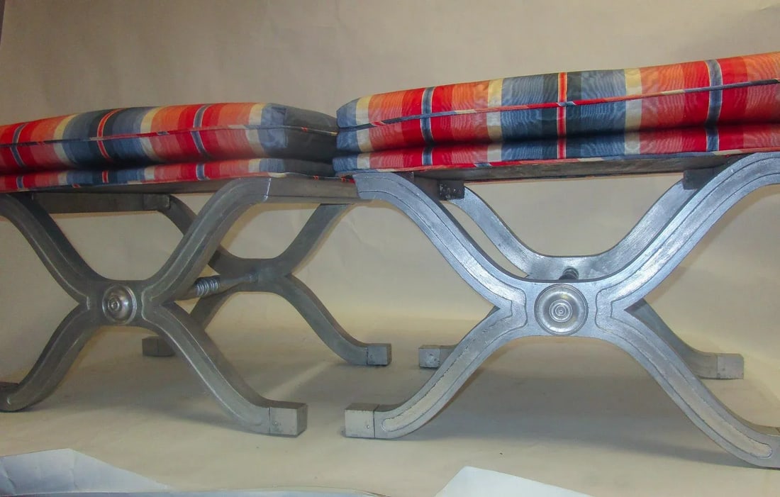 Dorothy Draper Henredon Hollywood Regency Silver Gilt Wood Curule Bench - A Pair - 4