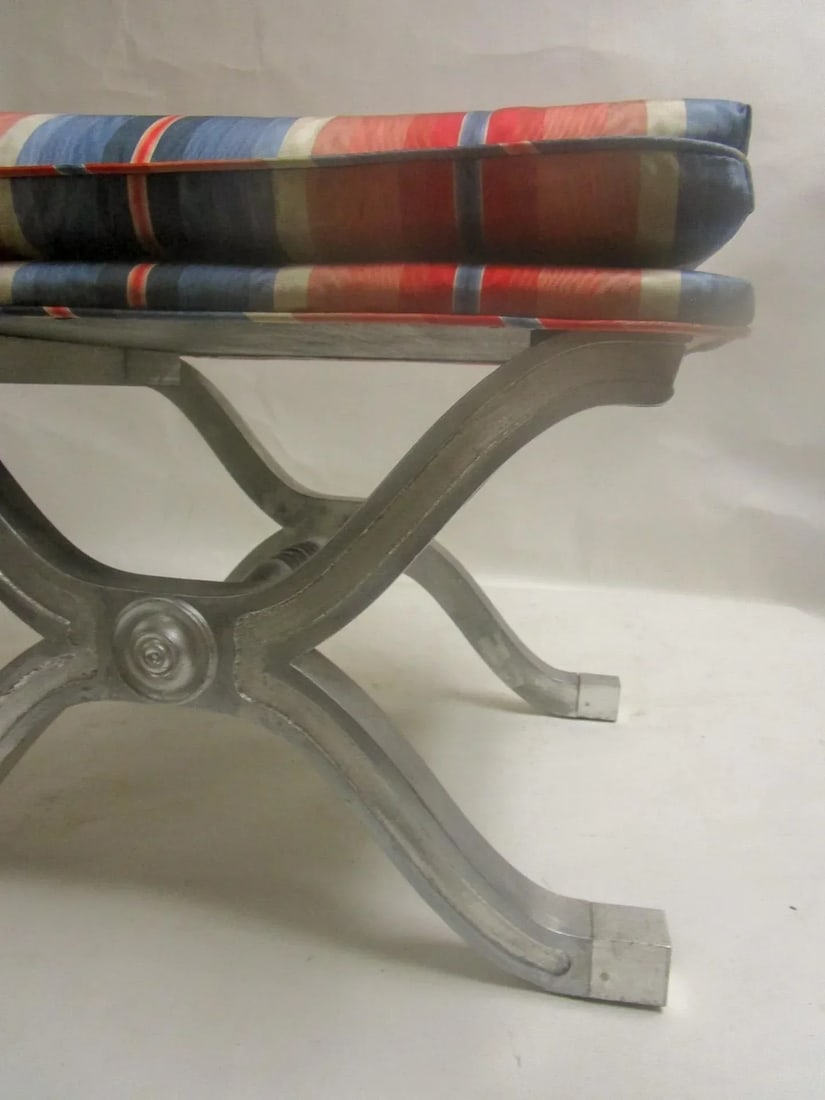 Dorothy Draper Henredon Hollywood Regency Silver Gilt Wood Curule Bench - A Pair - 7