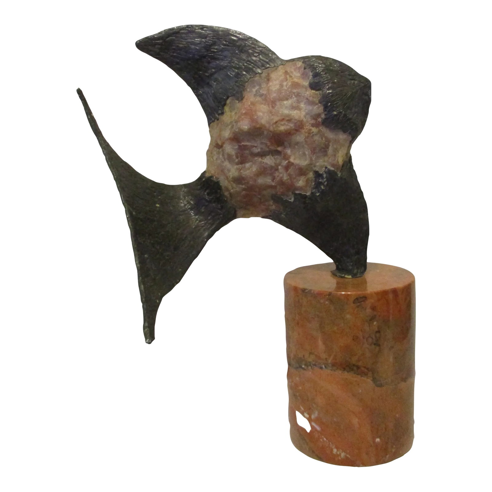 Vintage Brutalist Rose Crystal Quartz and Bronze Fish Sculpture on Marble Pedestal Base: Vintage Brutalist Rose Quartz and Bronze Fish Sculpture on Round Marble Pedestal Base In the manner of Jacques Duval-Brasseur. Beautiful artistry in the joining of the bronze and quartz. The fish