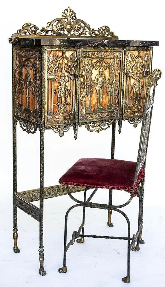 1920's Oscar Bach Telephone Cabinet & Chair - Bronze & Marble - 13
