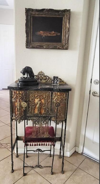 1920's Oscar Bach Telephone Cabinet & Chair - Bronze & Marble - 14