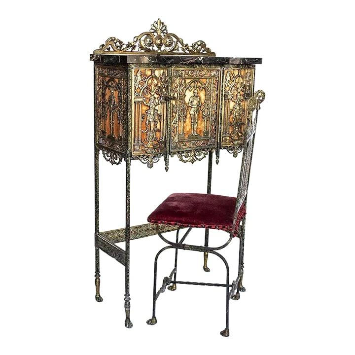 1920's Oscar Bach Telephone Cabinet & Chair - Bronze & Marble: Every so often I find a "treasure" that I feel privileged to own even though I know it will be for only a short time until it finds its way into its permanent home. This set is such a find! This is a