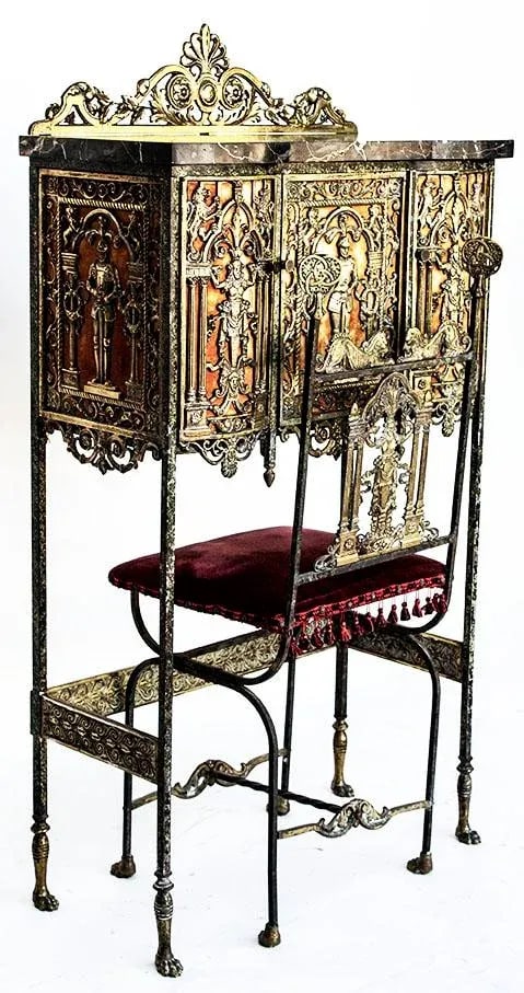 1920's Oscar Bach Telephone Cabinet & Chair - Bronze & Marble - 8