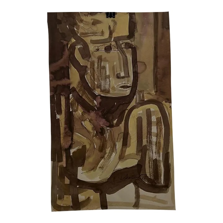 Stylized Brown Portrait Watercolor, Signed Circa 1967, 10.5x17 Inches: For your consideration, an original water color . featuring a portrait in brown tones. Signed art, unable to read. marked "67" The piece features a stylized portrait in brown tones and is signed by