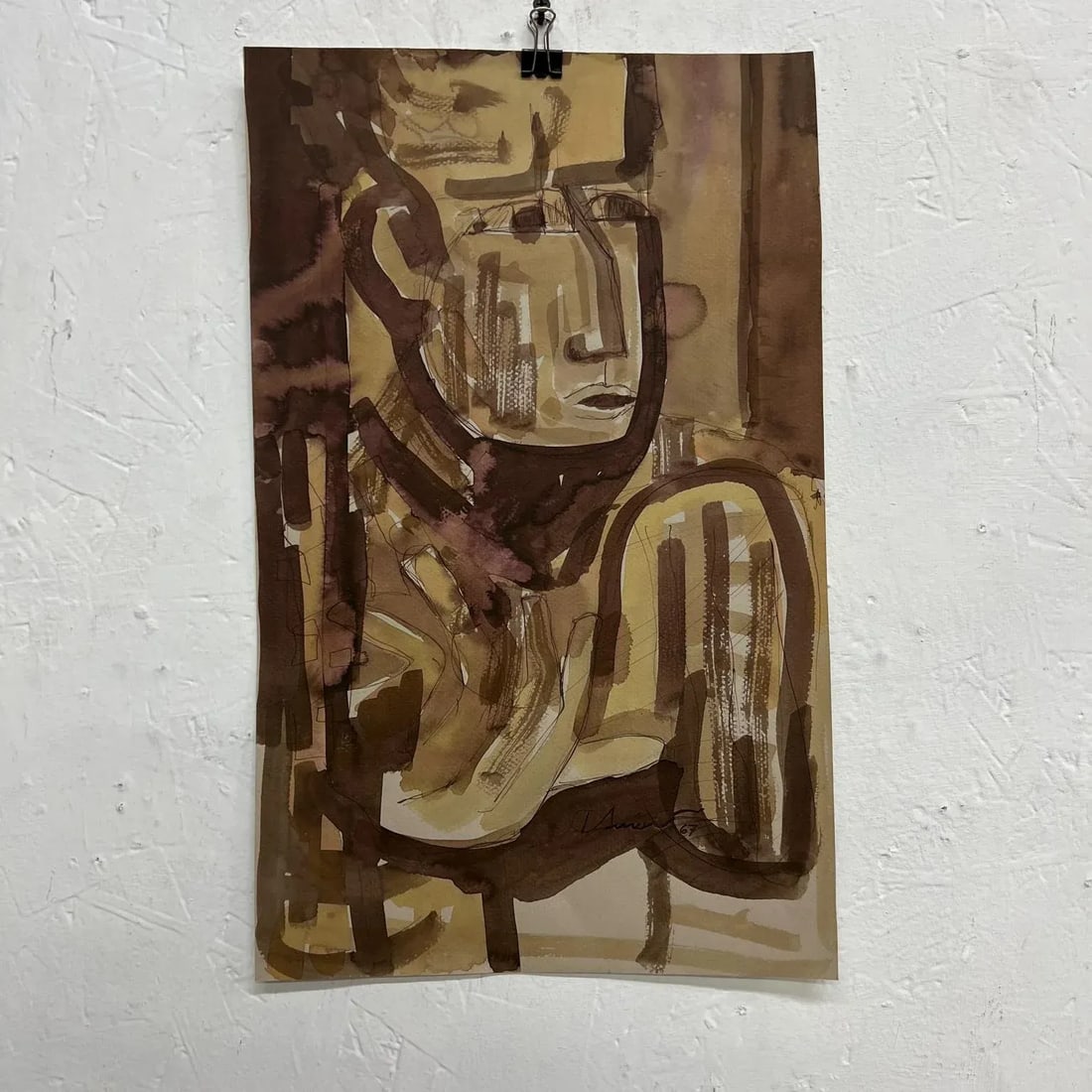 Stylized Brown Portrait Watercolor, Signed Circa 1967, 10.5x17 Inches - 2