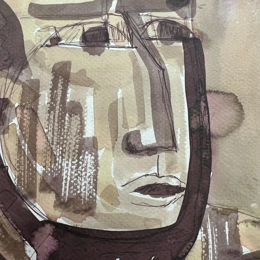 Stylized Brown Portrait Watercolor, Signed Circa 1967, 10.5x17 Inches - 8