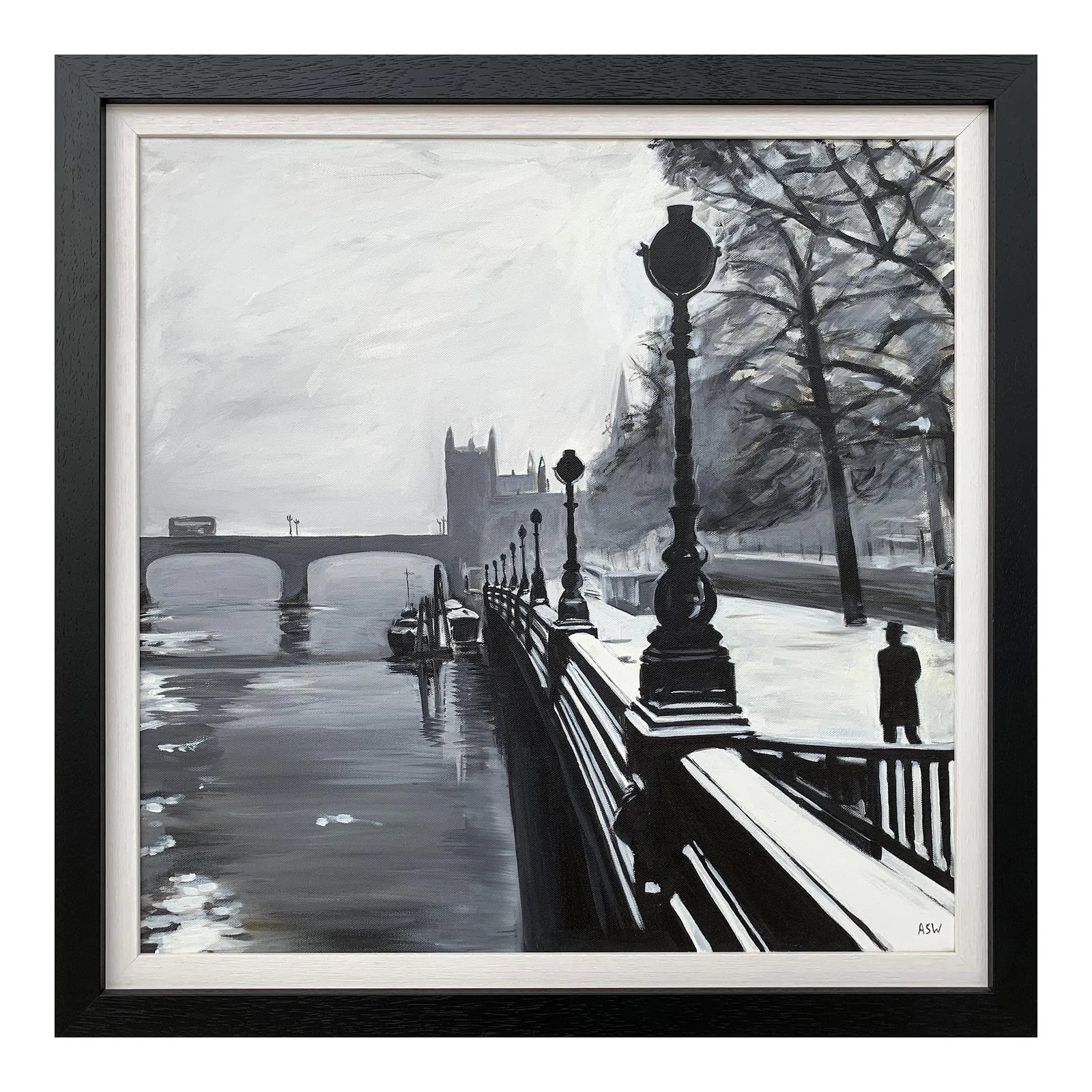 Black & White Painting of Victoria Embankment London - Unique Original Art by British Urban Artist,: Black & White Painting of Victoria Embankment London - a unique original from leading British Cityscape Artist, Angela Wakefield. Art measures 24 x 24 inches Frame measures 29 x 29 inches Angela Wakef