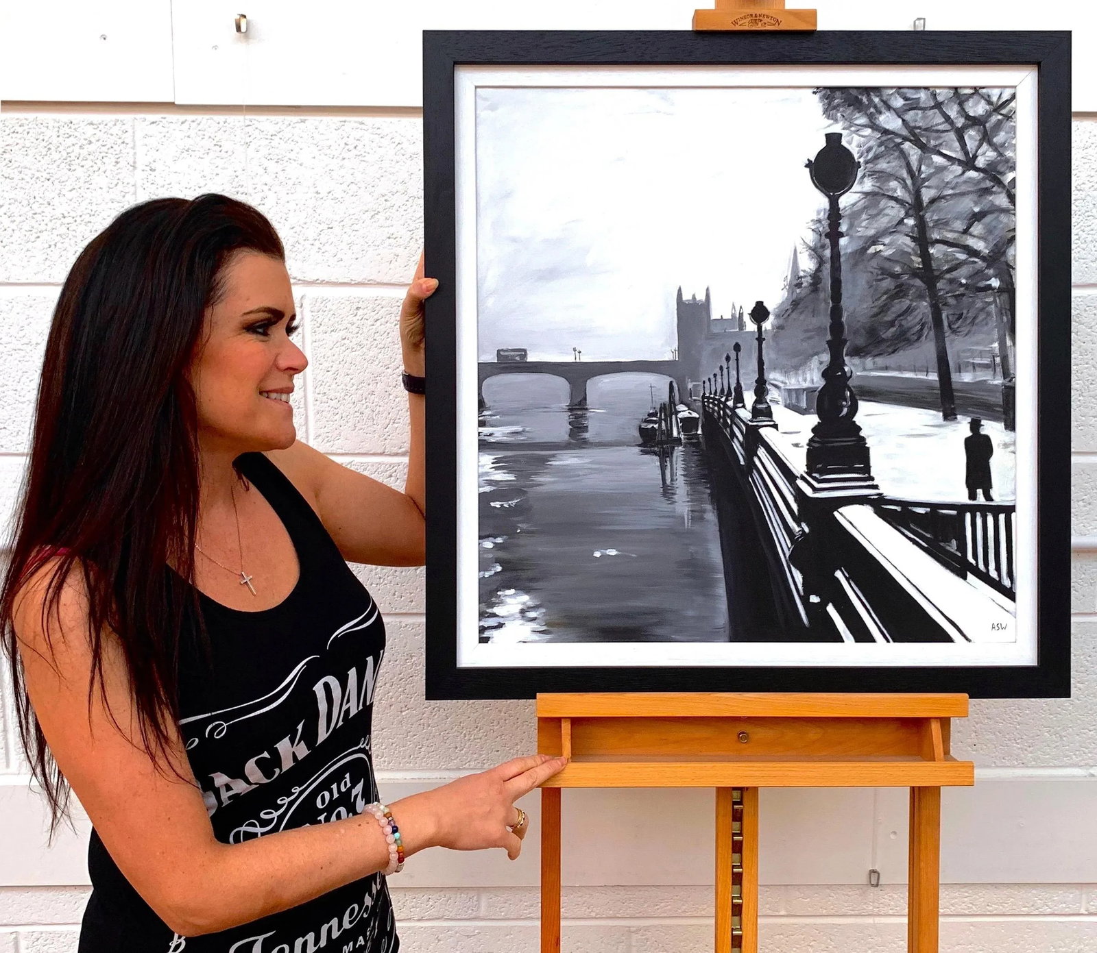 Black & White Painting of Victoria Embankment London - Unique Original Art by British Urban Artist, - 2