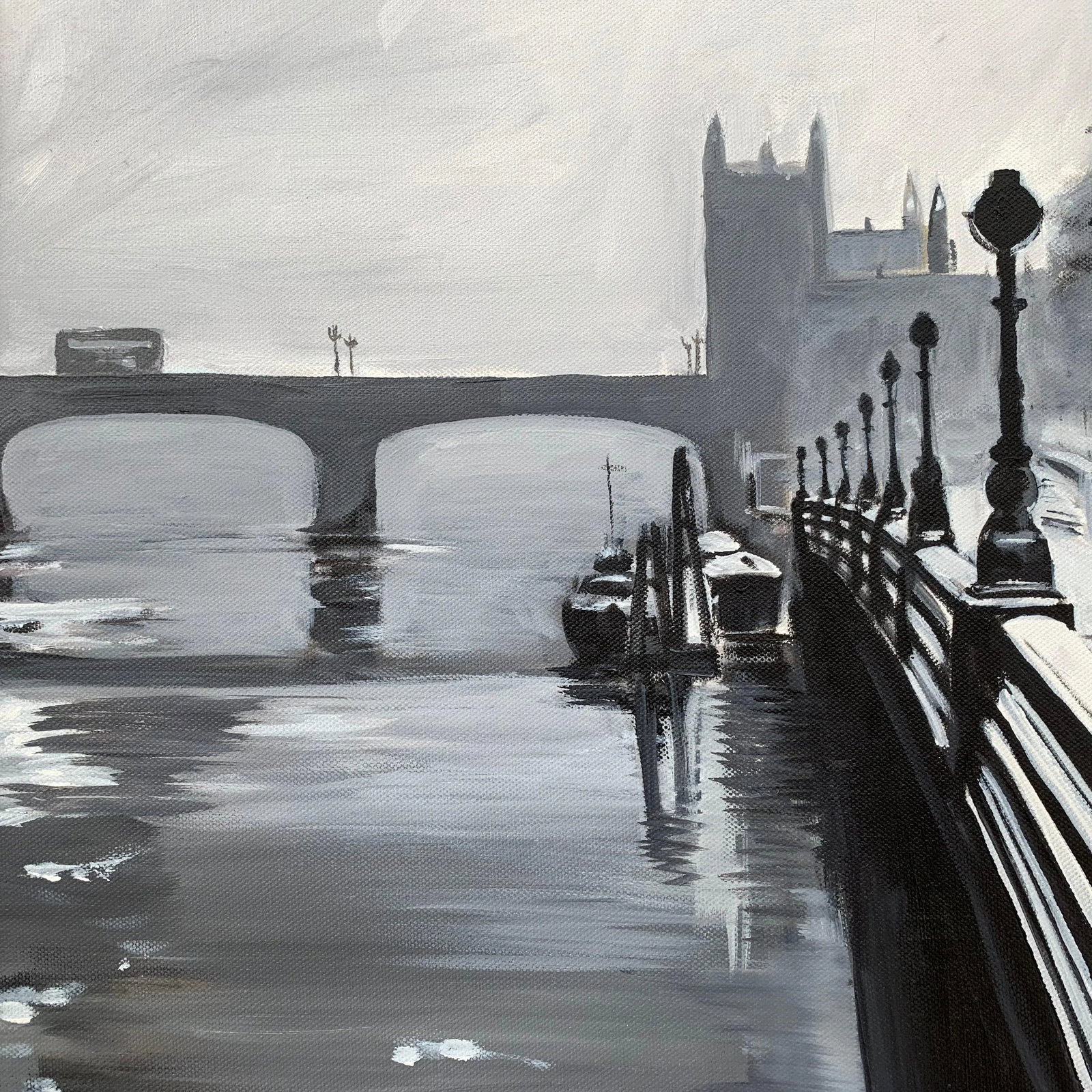 Black & White Painting of Victoria Embankment London - Unique Original Art by British Urban Artist, - 3
