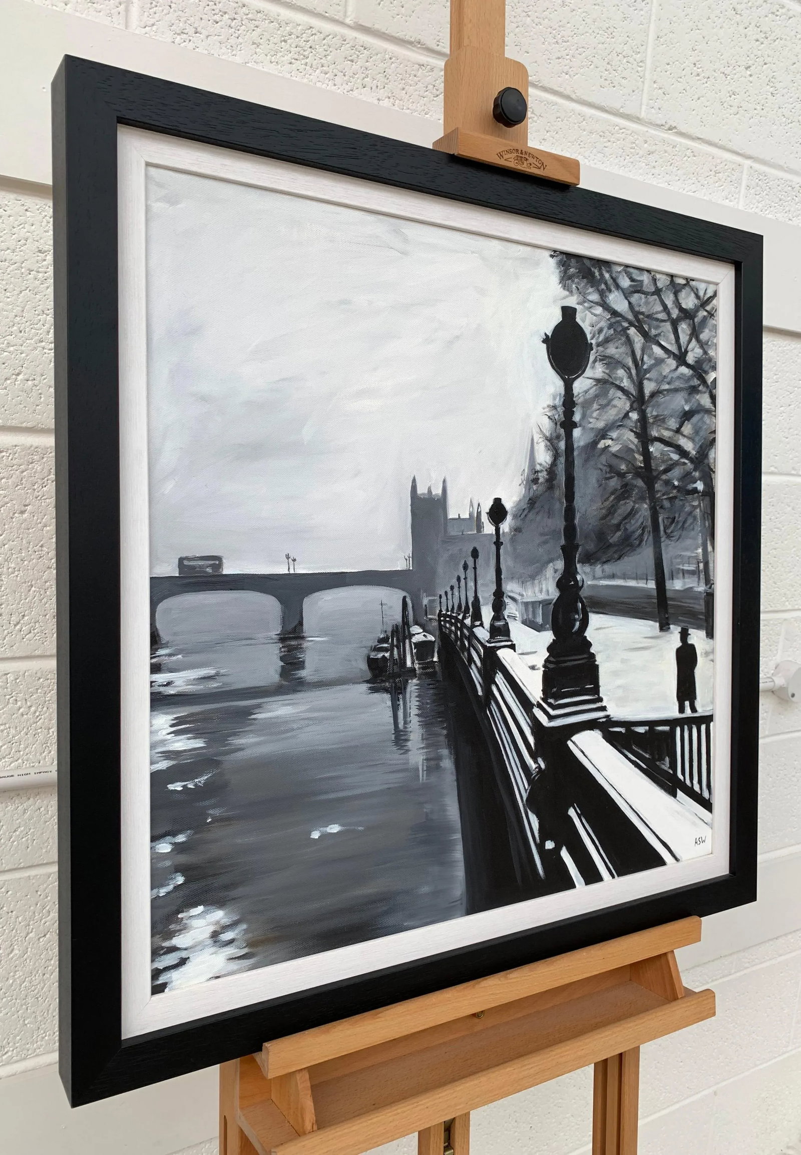 Black & White Painting of Victoria Embankment London - Unique Original Art by British Urban Artist, - 4