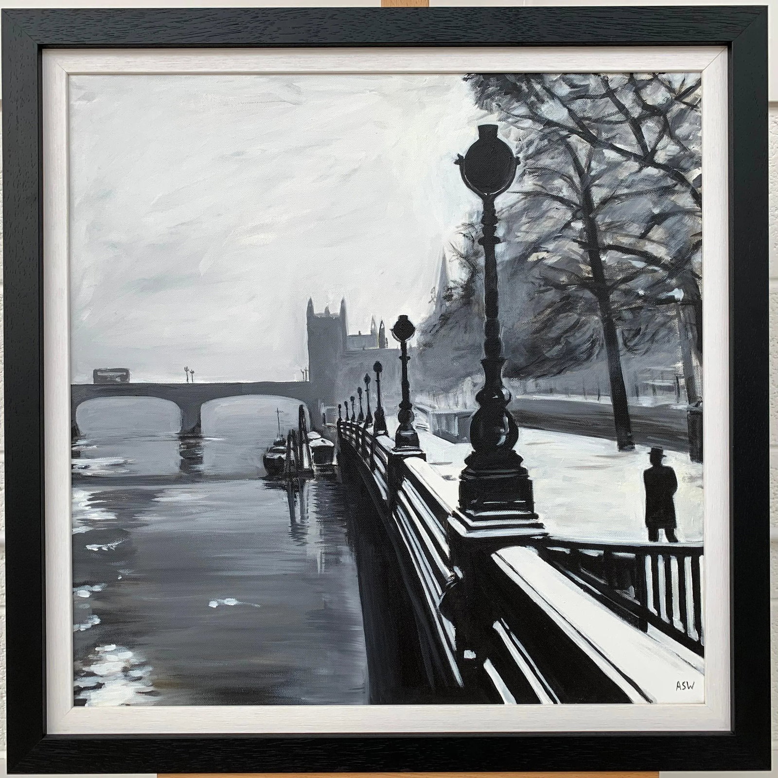 Black & White Painting of Victoria Embankment London - Unique Original Art by British Urban Artist, - 5
