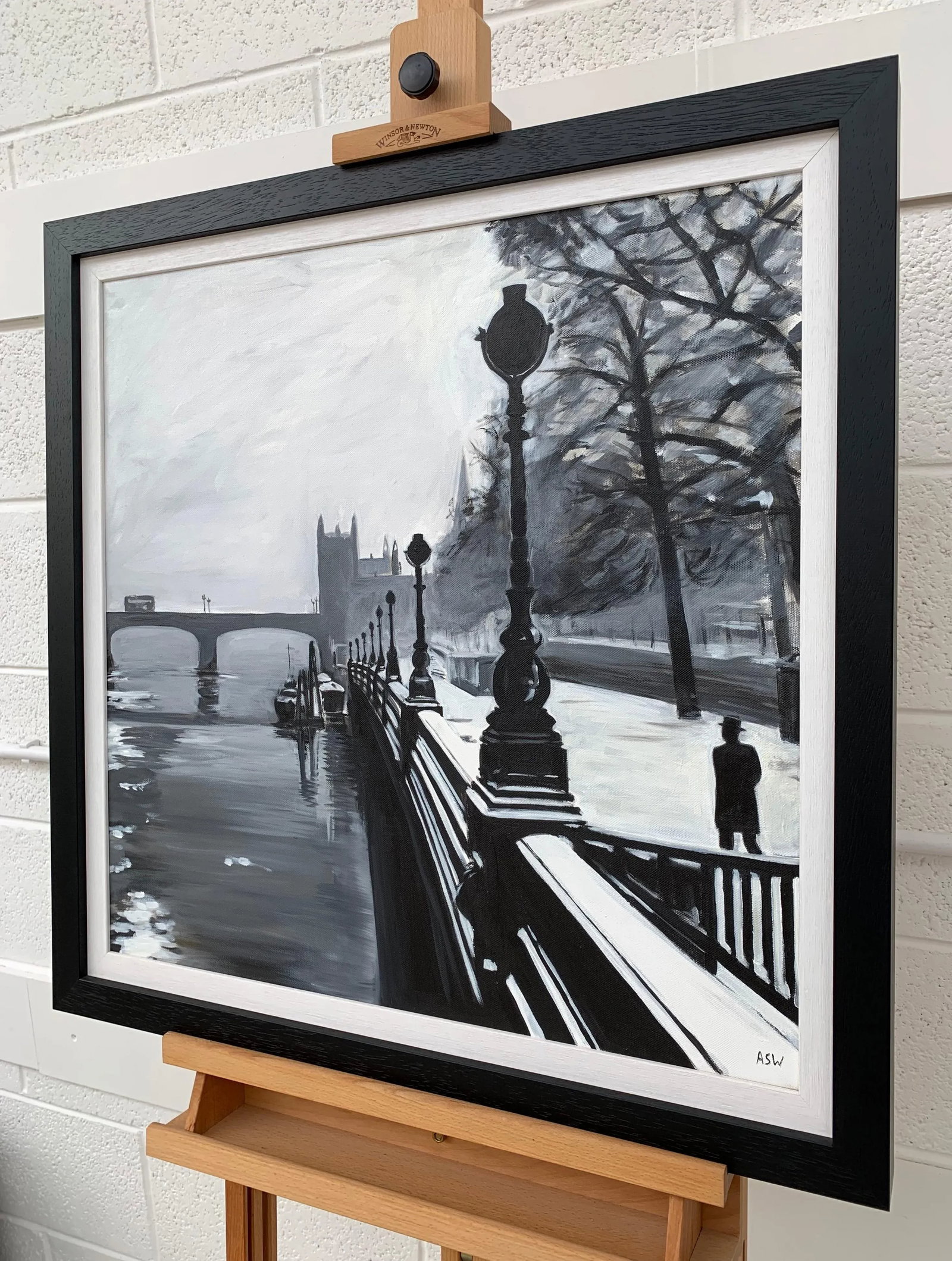 Black & White Painting of Victoria Embankment London - Unique Original Art by British Urban Artist, - 6