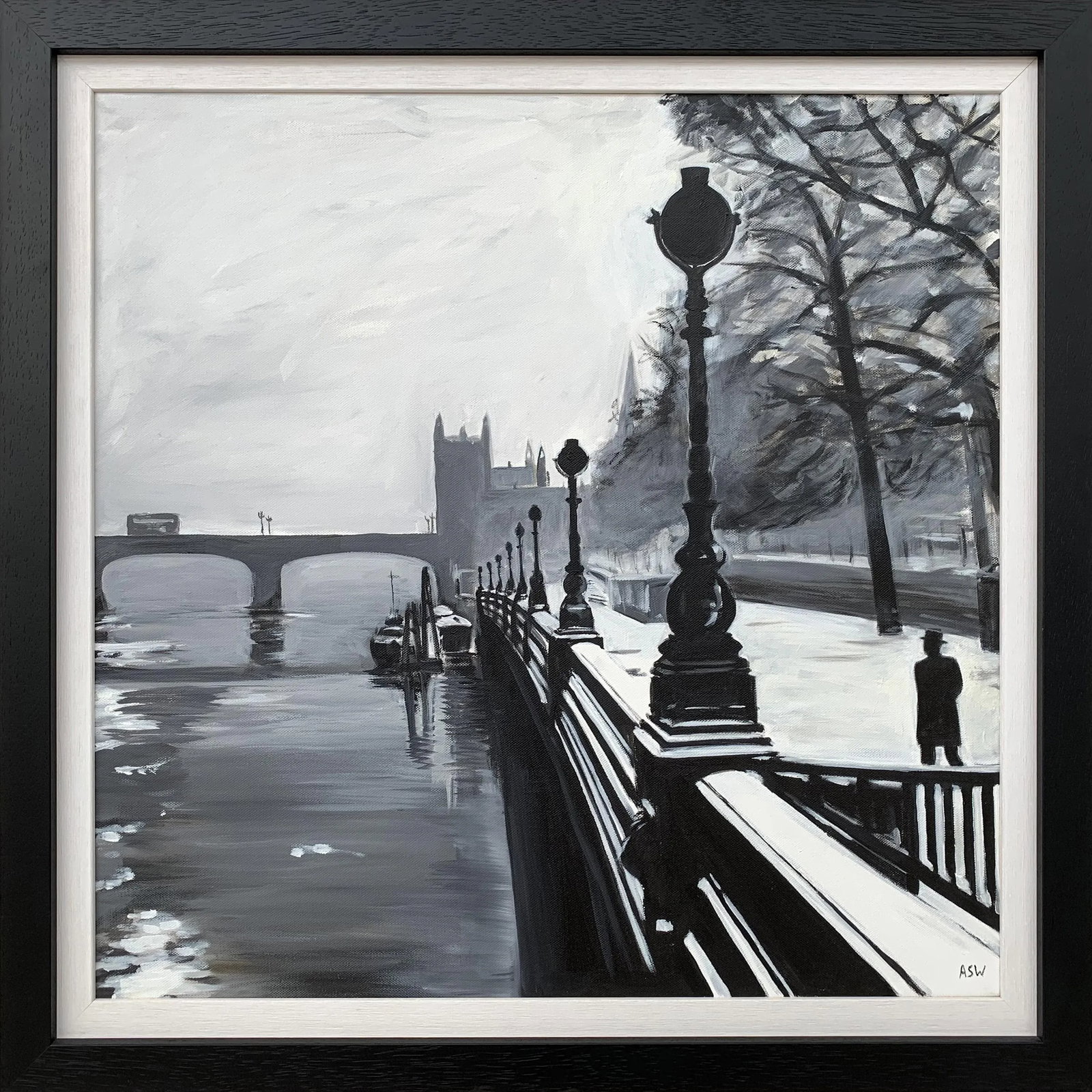 Black & White Painting of Victoria Embankment London - Unique Original Art by British Urban Artist, - 8